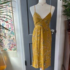 Floral Button-Front Spaghetti-Strap Midi Dress in Mustard